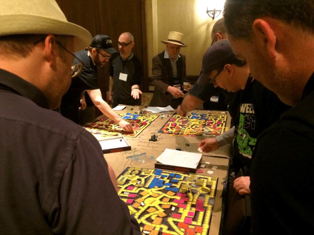 
Dave Megarry leading a session of his classic board game Dungeon!