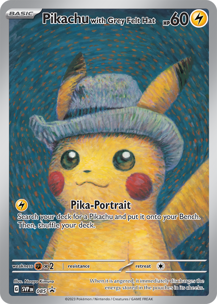 Pikachu wearing a felt hat like Van Gogh's self portrait.