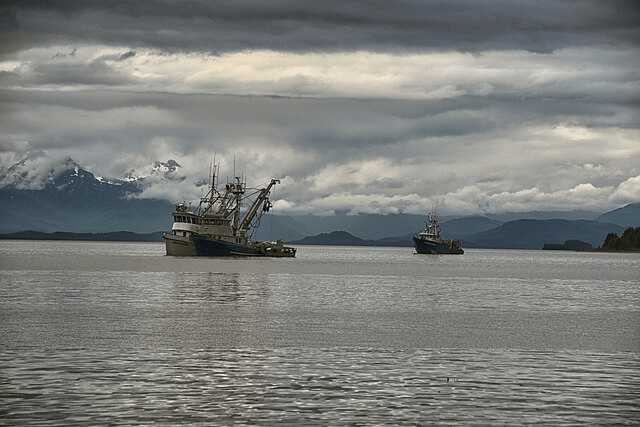 Large commercial fishing boats out on the water.