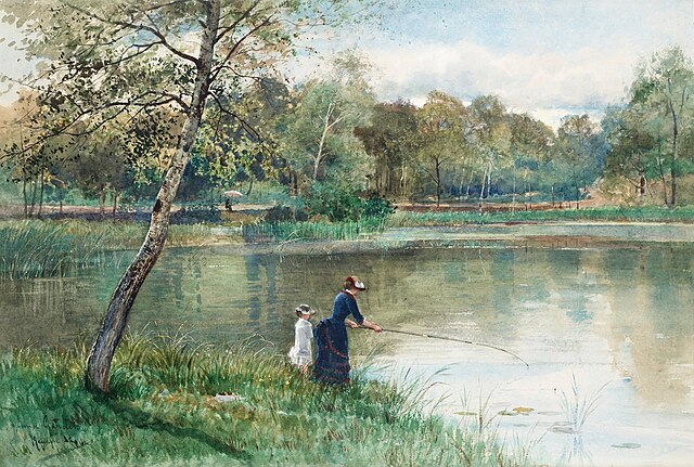 Woman and child fishing on the shore.